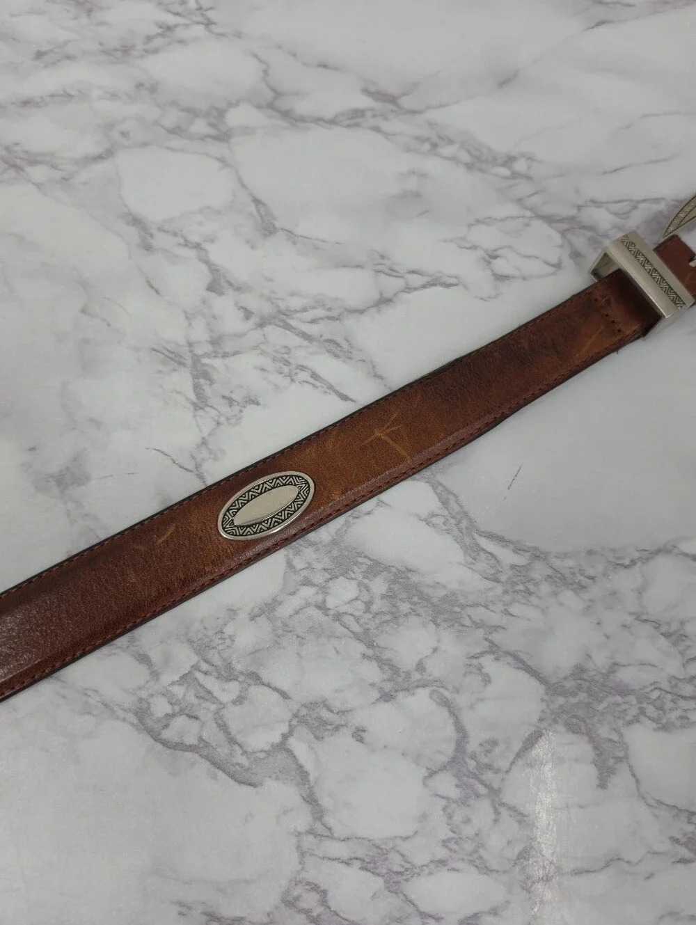 Vintage Brown Leather Western Concho Men's Belt with Silver Tone Buckle Aztec